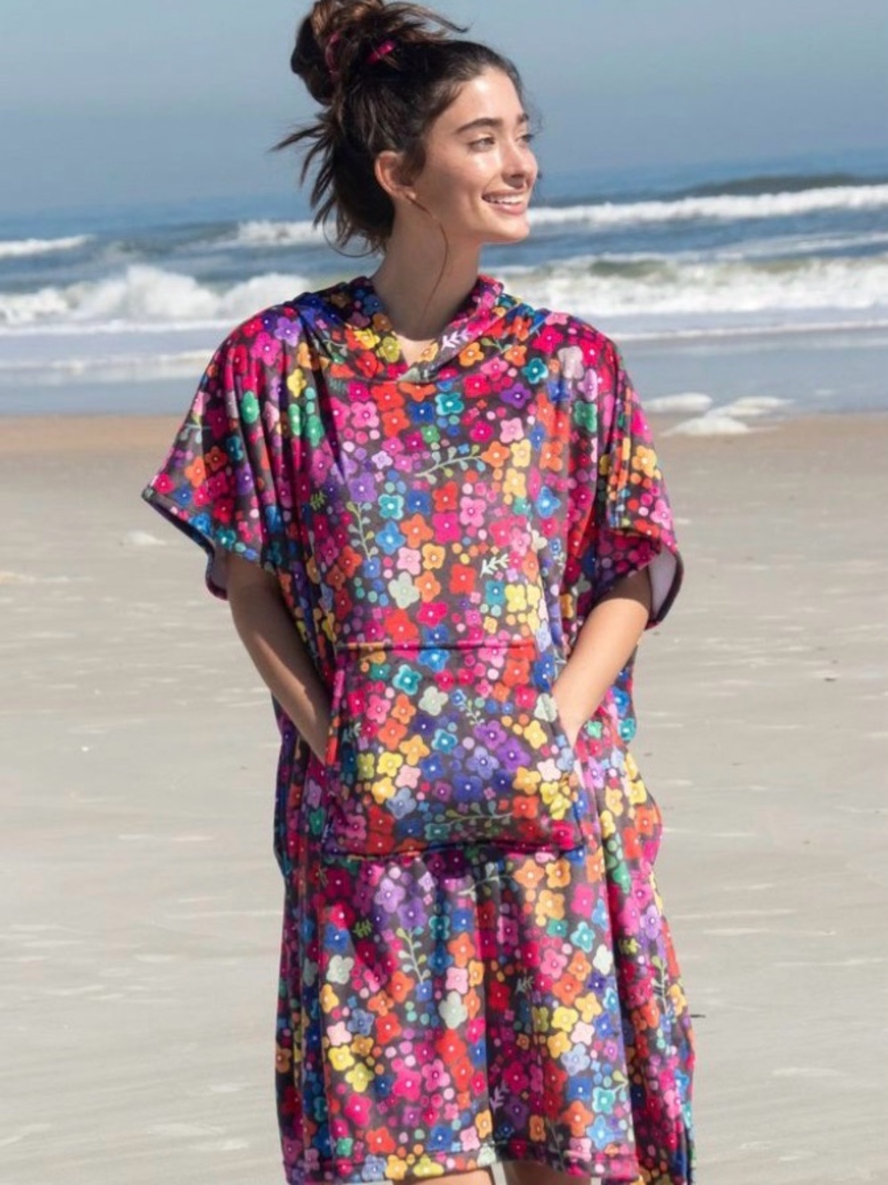 Natural Life Hooded Cover Up OS Pullover Poncho Floral Hippie Beach Swim Terry